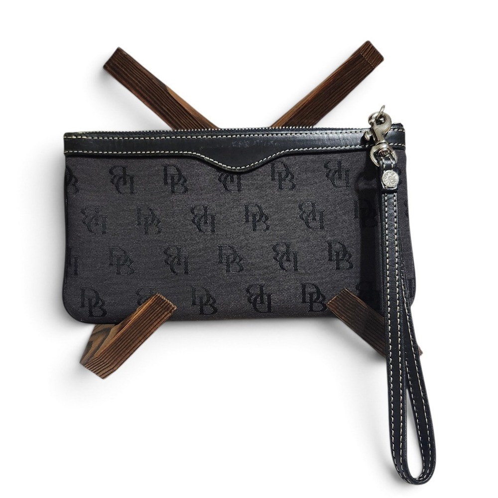 Dooney & Bourke Monogram Signature Jacquard Wristlet Pouch Black Gray Leather